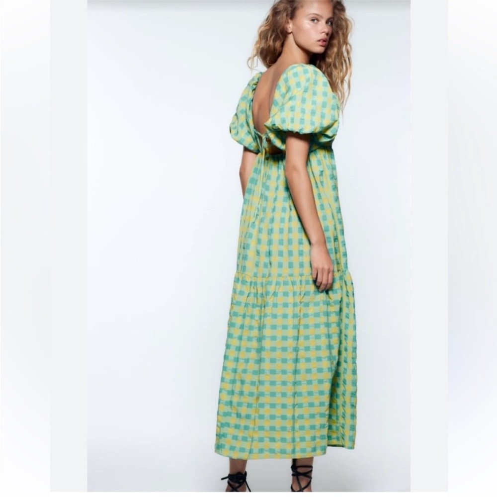 NWT ZARA PUFF SLEEVE PLAID GINGHAM PRINT DRESS Blue/ Yellow Size Small